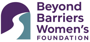 Logo for Beyond Barriers Women's Foundation featuring a stylized arch with a winding path and the organization's name in bold purple text.